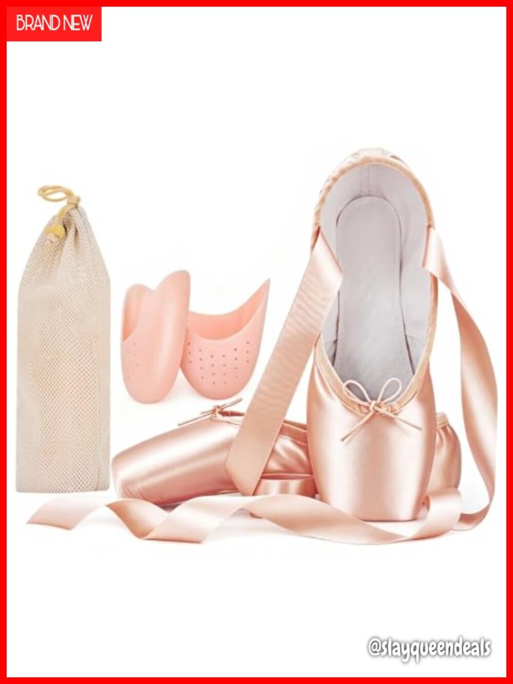Adult Ballet Pointe Shoes with Toe Pads and Mesh Bag, Pink Satin, Synthetic Sole